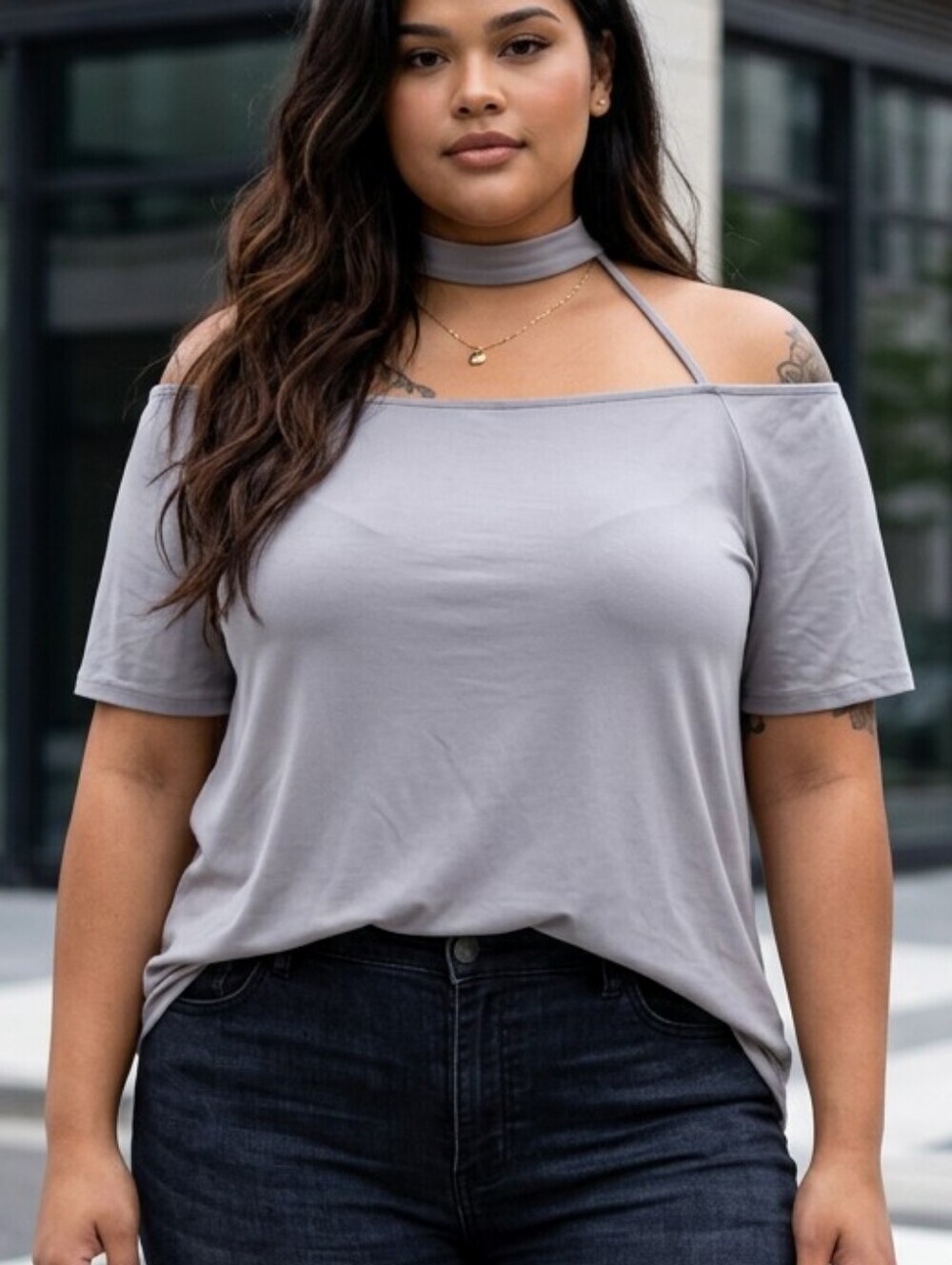 Festival Plus Size Boohoo Silver Gray Off-Shoulder Attached Choker Top Size 20